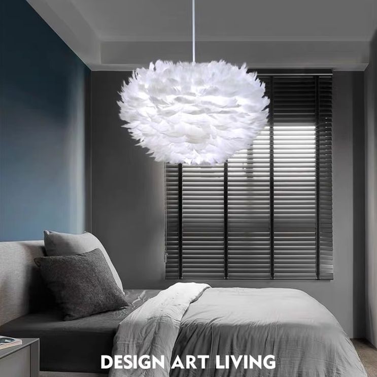 White Feather Pendant Lighting Modern Nordic Creative Globe Hanging Ceiling Light for Bedroom