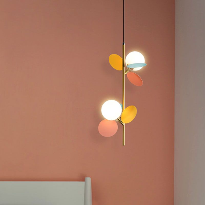 Kids Sphere Chandelier Lighting Frosted Glass 2 Heads Bedside Branch Hanging Lamp in Grey/White/Yellow and Pink