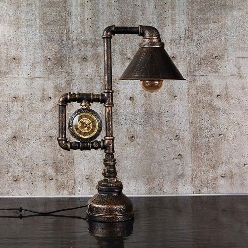 1 Bulb Conical Table Lighting with Clock Deco Steampunk Brass Finish Wrought Iron Standing Table Light