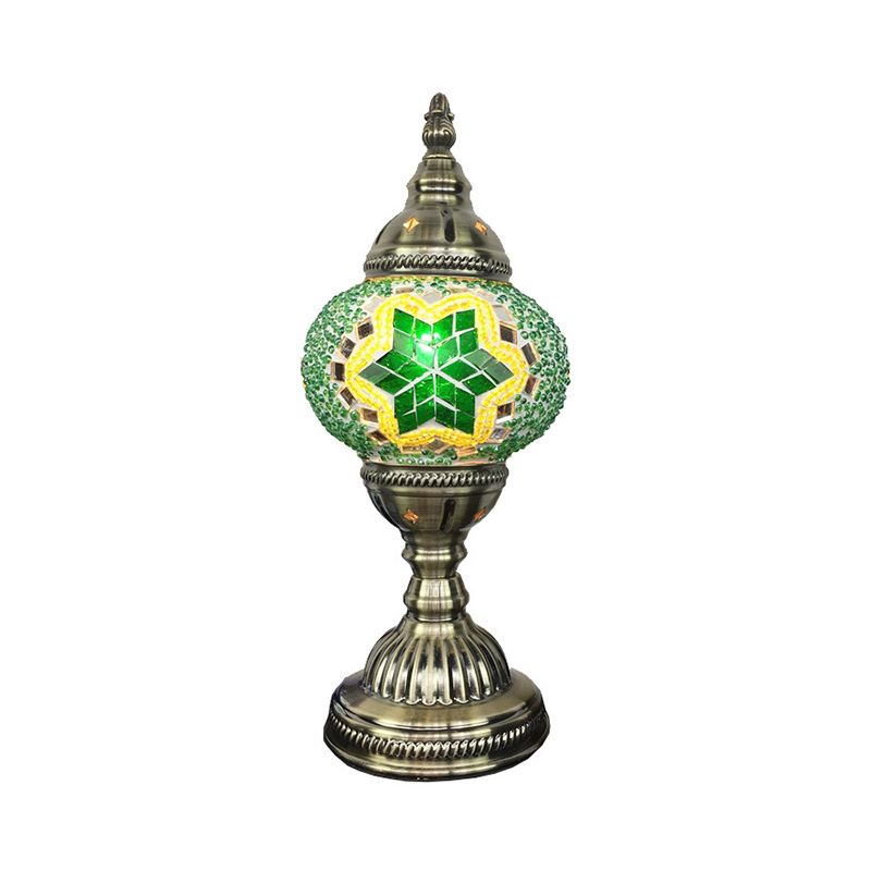 Single Night Stand Light Turkish Bedroom Table Lamp with Spherical Yellow/Red/Blue Glass Shade in Bronze