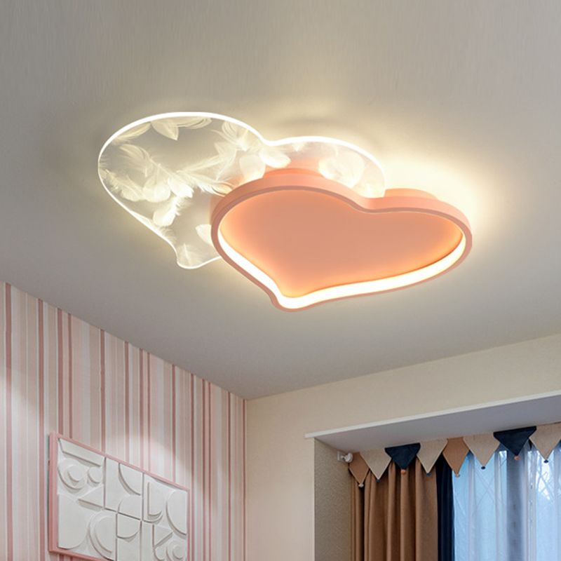Plafonnier LED en forme de Double cœur en acrylique, design nordique, luminaire décoratif de plafond, idéal pour une chambre à coucher ou une chambre à coucher, avec décor en plumes