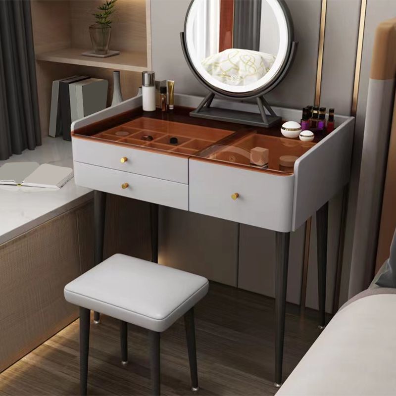 Modern Glass Top Makeup Vanity Table in Gray with Storage Drawers