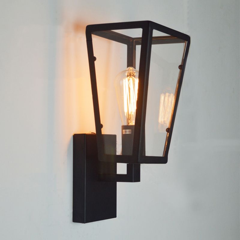 Glass Trapezoidal Wall Light Sconce Loft Style Aisle Wall Mount Light Fixture in Black