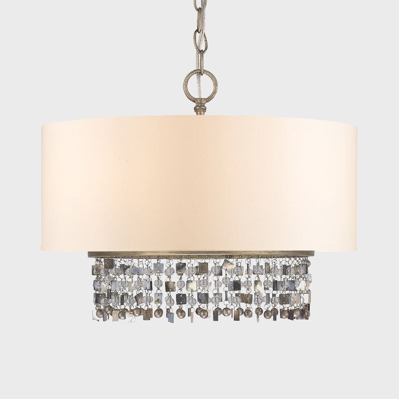 Trommelstof kroonluchter licht traditionele 5-bulb woonkamer hangende lamp in wit met kristal accent