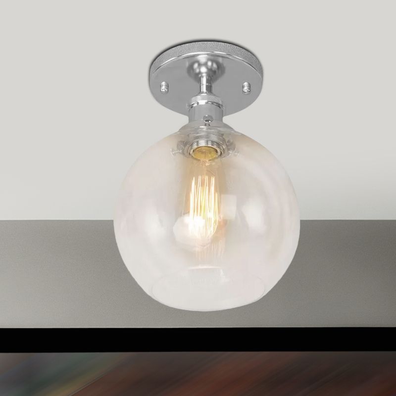 Plafonnier sphérique semi-affleurant industriel en verre transparent, une lumière, noir/laiton/cuivre, pour balcon
