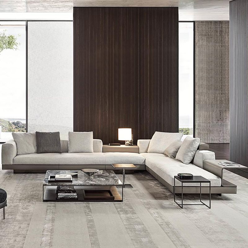 Contemporary Genuine Leather Sofa Square Arm Loose Back Sofa with Table