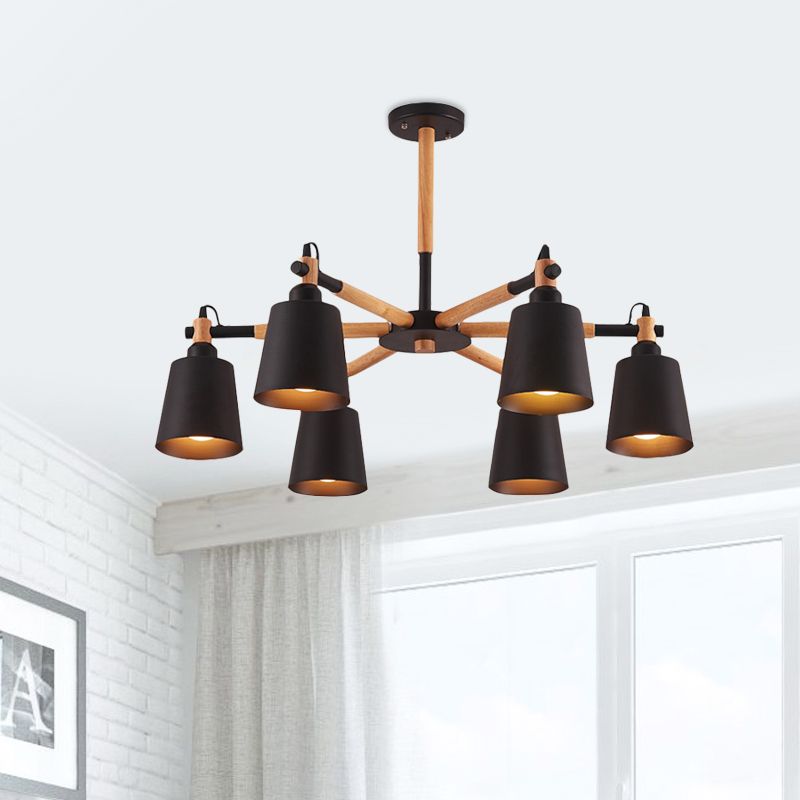 Cone Salon Chandelier Light Nordic Metal 6 Bulbes Lampe suspension noire / blanche avec bras en bois
