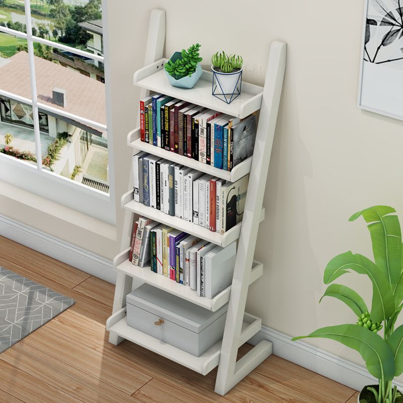 Rubber Wood Ladder Bookshelf Contemporary Open Bookcase for Home Office