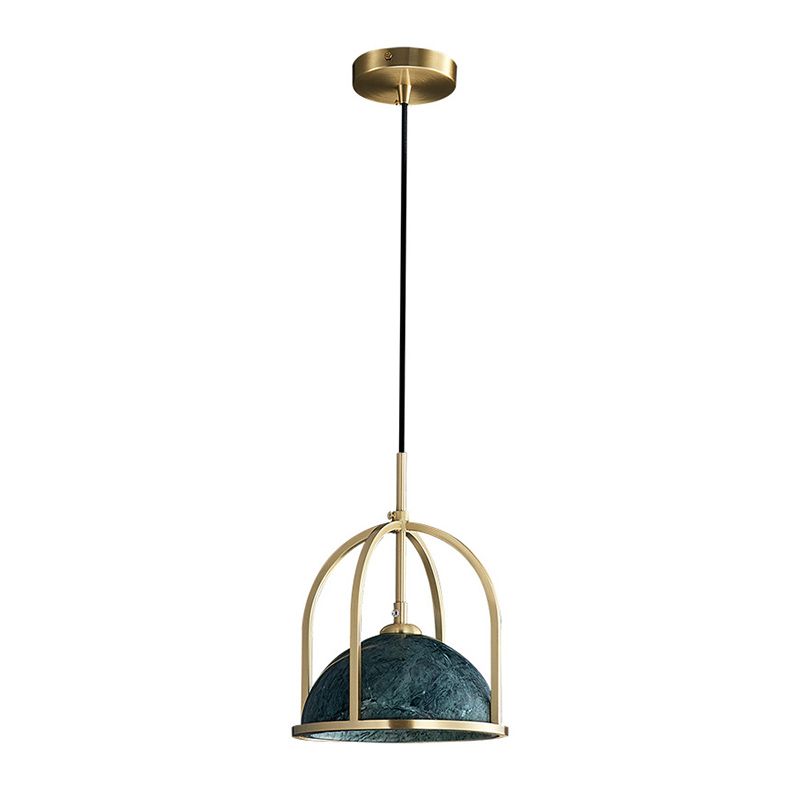 Blackish Green Shade Pendant Light Retro Nordic 1-Light Marble Hanging Light with Gold Cage