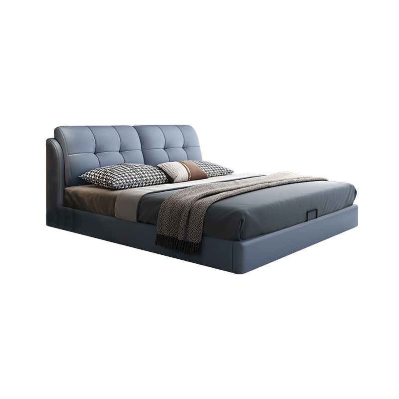 Contemporary Faux Leather Standard Bed, Blue Upholstered Headboard Bed