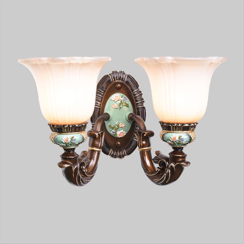 Frosted Glass Brown Wall Light Ridged Bell 1/2-Bulb Rural Wall Sconce Lighting for Guest Room