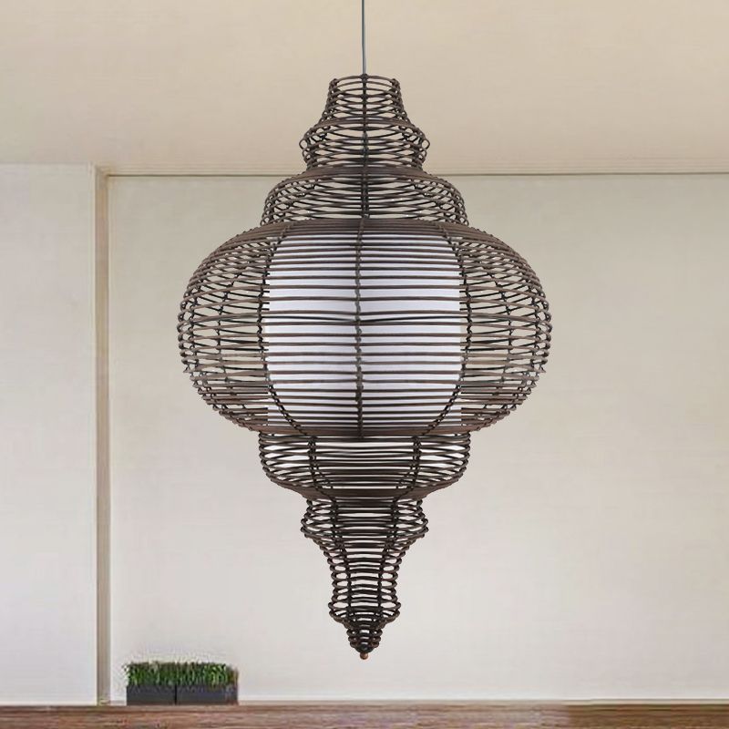 Chinese 1 Bulb Ceiling Lamp Coffee Gourd Hanging Light Fixture with Rattan Shade