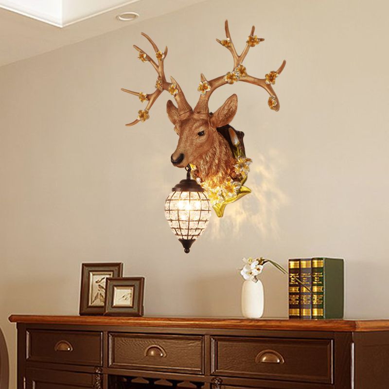 1 Light Resin Wall Lighting Country White/Yellow/Brown Deer Living Room Sconce Light Fixture with Teardrop Crystal Shade
