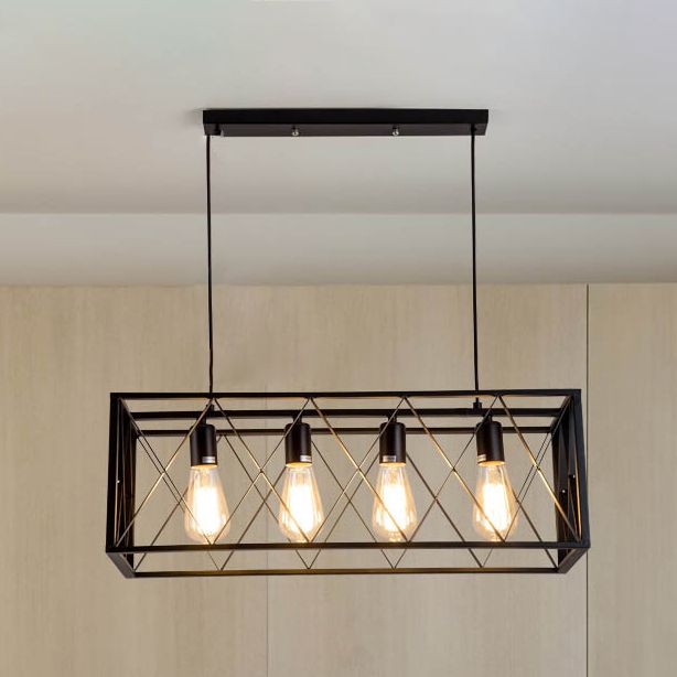 Black Cage Linear Chandelier 4/6 Lights Industrial Island Pendant Lights for Living Room