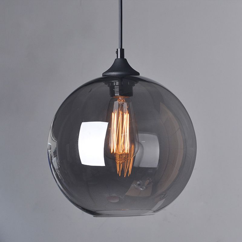 8 "/10"/12 "W Globe Bistro Pendulum Light Industrial Smoke Grigio vetro a sospensione nera a 1 luce Luce a sospensione