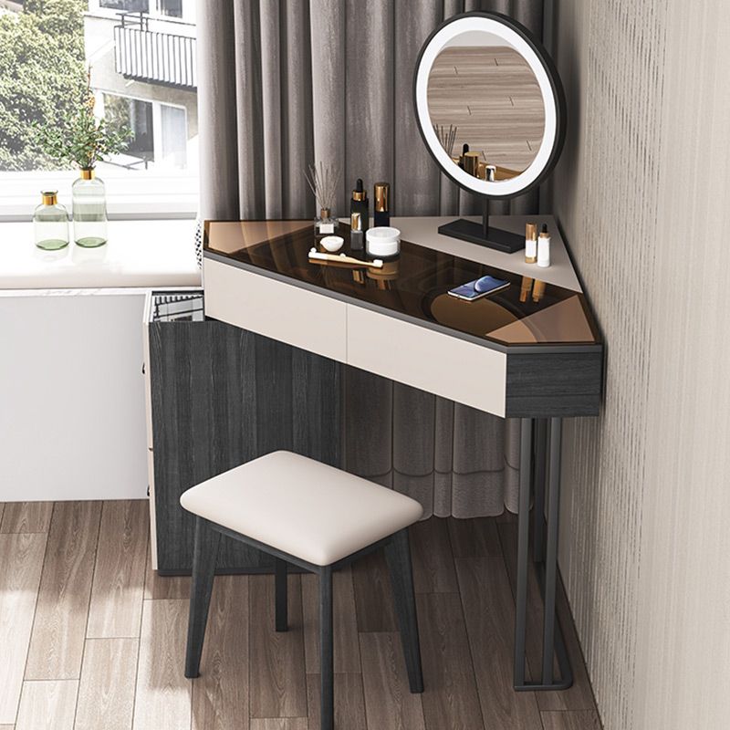 Modern Corner Vanity Table Stool and Mirror Set Glass Top 4-Drawer Dresser