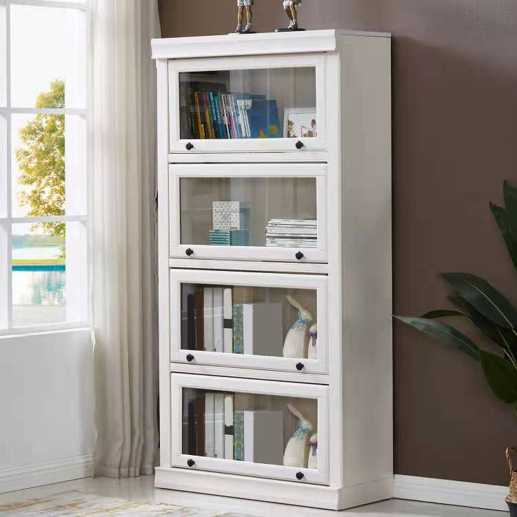 White Vertical Standard Bookcase Solid Wood Bookshelf with Glass Doors