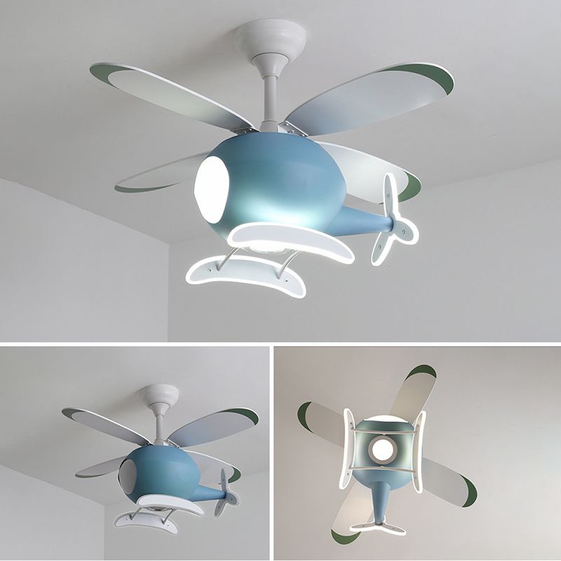 Kids Creative LED Fan Light Wrought Iron Airplane Hanging Lamp with Acrylic Shade