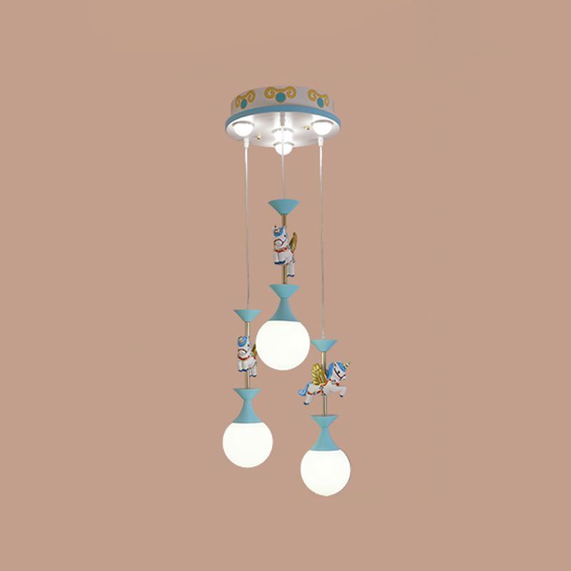 Cartoon Flying Unicorn Multi Light Pendant Resin Kindergarten Hanging Lighting with Sphere Cream Glass Shade