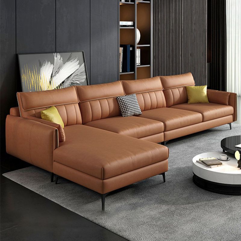 Modern Faux Leather Sectional with 4 Pillows Back for 4 People