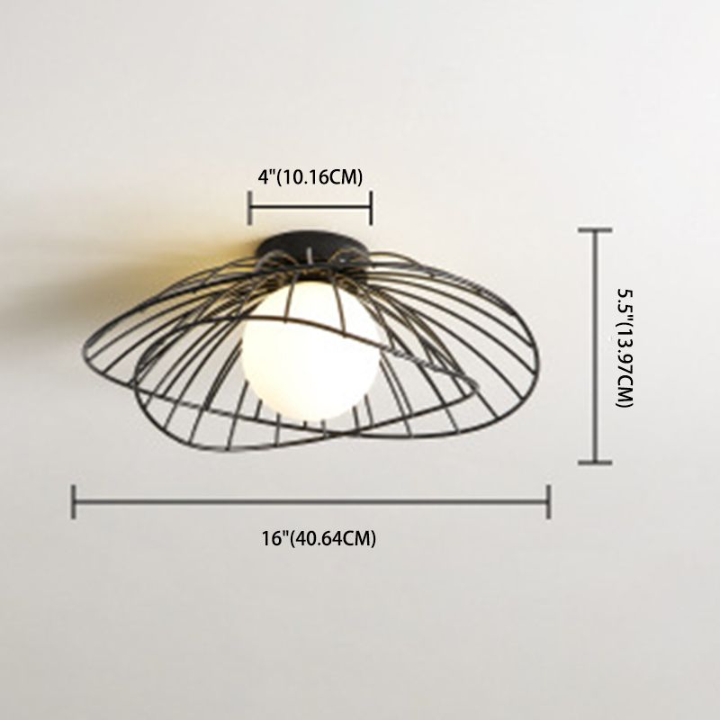 Iron Wire Saucer Shaped Flush Light Modern 1-Light Small Ceiling Mount Light with Ball White Glass Shade