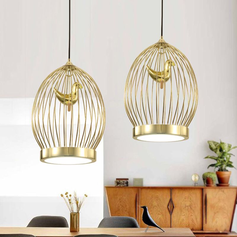 Global Cage Metallic Hanging Light Fixture Modern 1-Head Gold Finish Suspended Pendant Lamp with Bird Deco