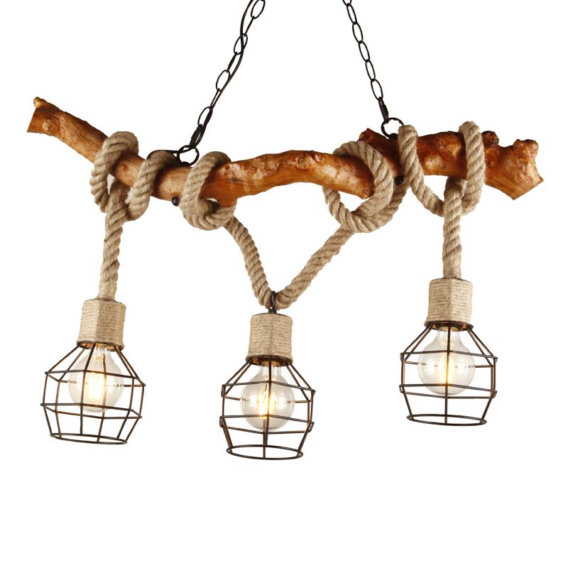 Wood Pendant Lights Rope Island Linear Island Ceiling Light for Dining Room