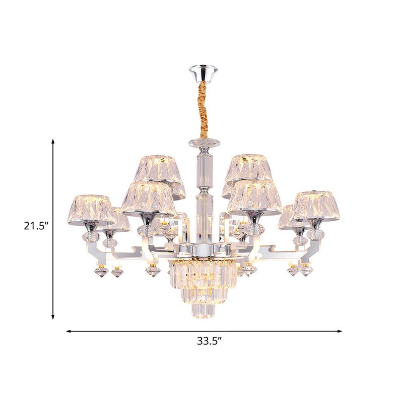 12 Heads Chandelier Lamp Minimalism Living Room Pendant with Conical Crystal Shade in Chrome