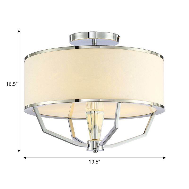 Modern Drum Semi Ceiling Flushmount Light with White Fabric Shade 5 Lights Semi Flush Lamp in Chrome