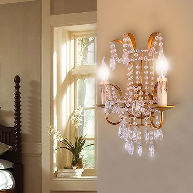 Candle Corridor Wall Lighting Vintage Metallic 2 Heads Gold Wall Mount Lamp with Crystal Accents