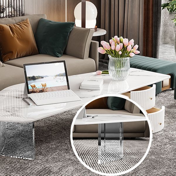 Modern Free Form Slate Cocktail Table 2 Drawers Coffee Table in White