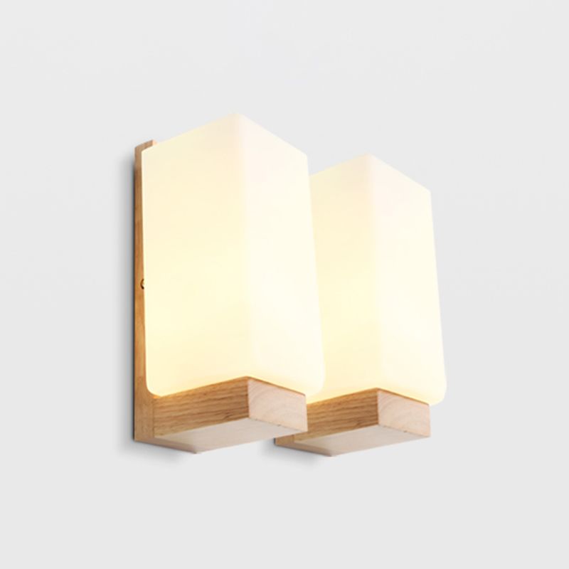 Modern Style Solid Wood Bedside Wall Sconce 1-Lights Rectangle White Frosted Glass Shade Wall Lamp