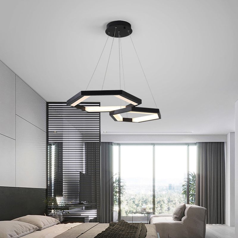 Hexagon Acrylic Chandelier Modernist 1/2/3 Lights Black Led Hanging Ceiling Light in White/Warm Light