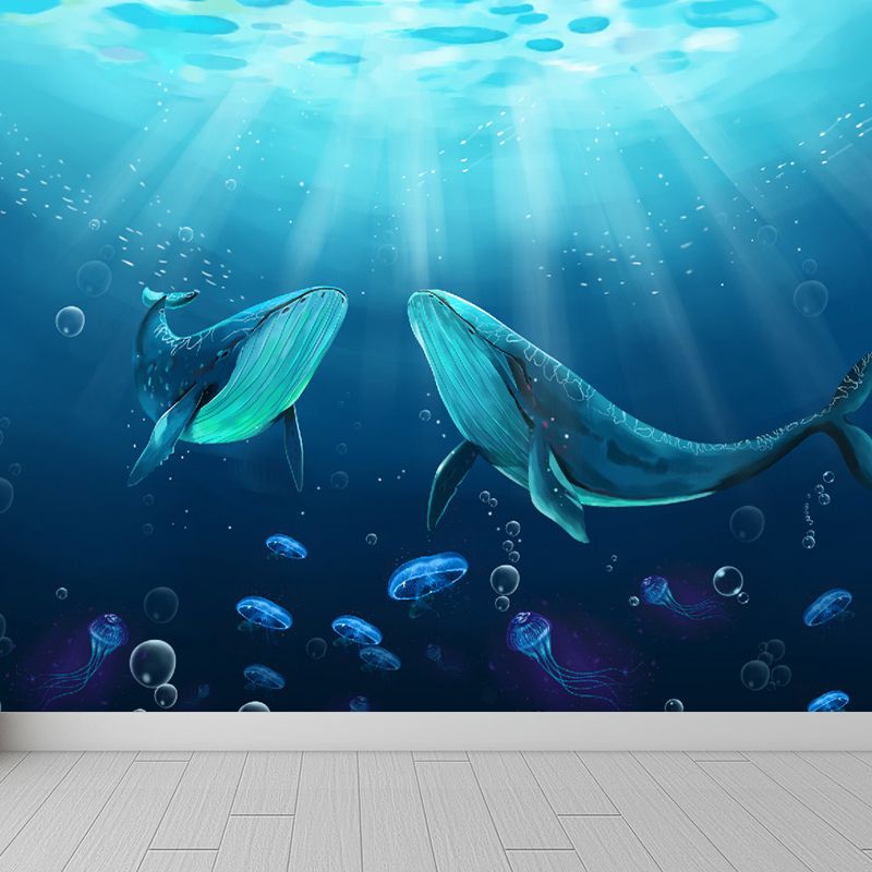 Blue Underwater Dolphins Wallpaper Mural Stain Resistant Wall Art for Kids Bedroom