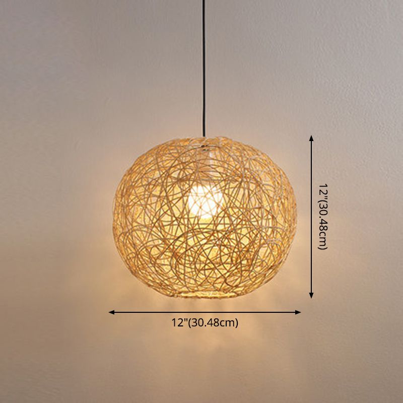 Restaurant Pendant Light Kit Asia Style Beige Hanging Ceiling Light with Globe Rattan Shade