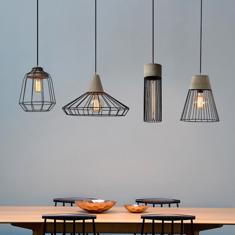 Caged Dining Room Suspension Light Metallic Single Minimalist Pendant Light with Cement Top in Grey