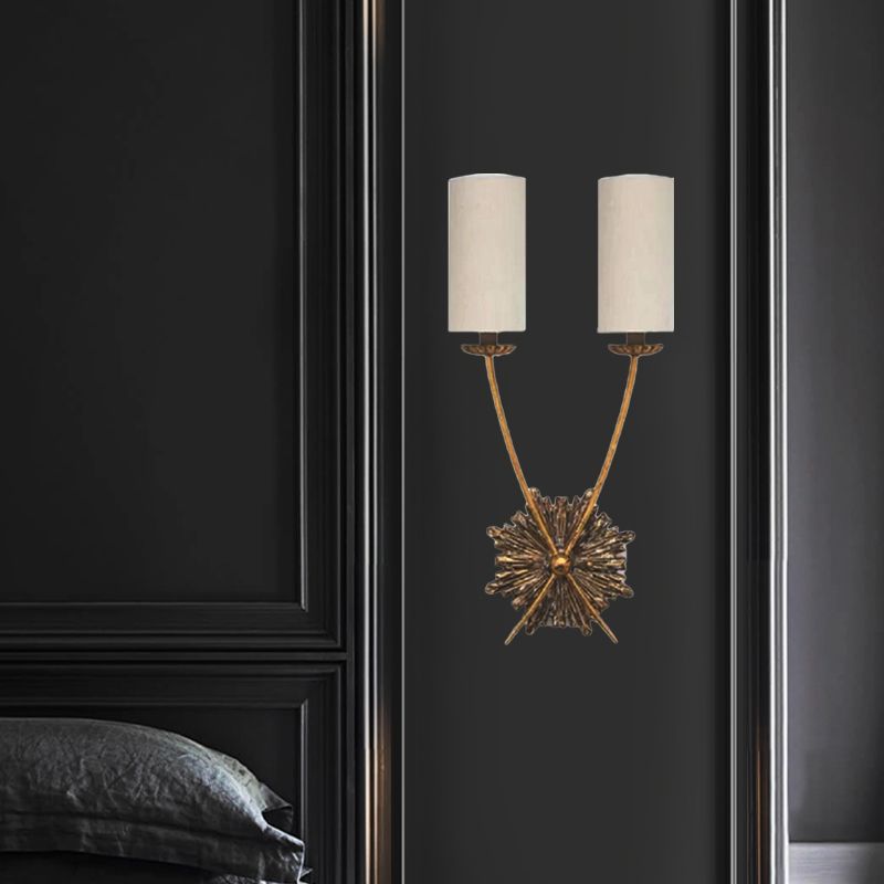 Traditional Tube Vanity Lighting Idea 2 Lights Fabric Sconce Light Fixture in White for Bathroom
