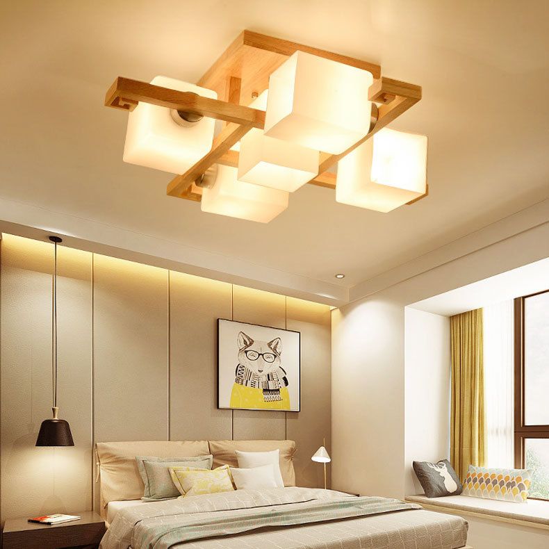 Wood Geometric Flush Mount Lights Contemporary Style Multi Lights Flush Ceiling Light