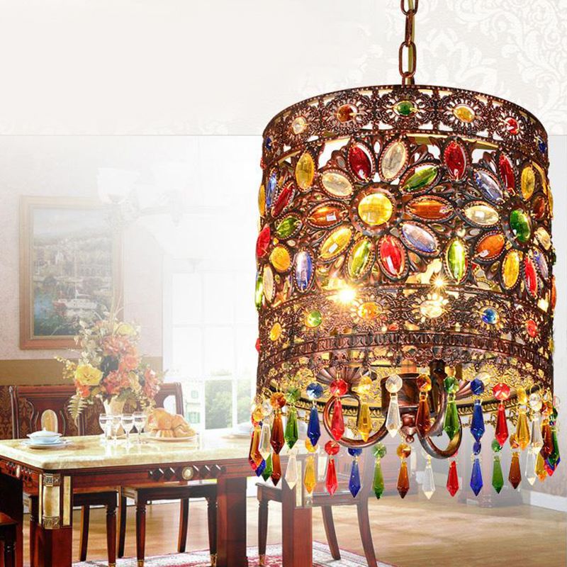 Cylinder Metal Ceiling Hang Fixture Bohemian 1 Light Dining Room Pendant Lamp in Copper