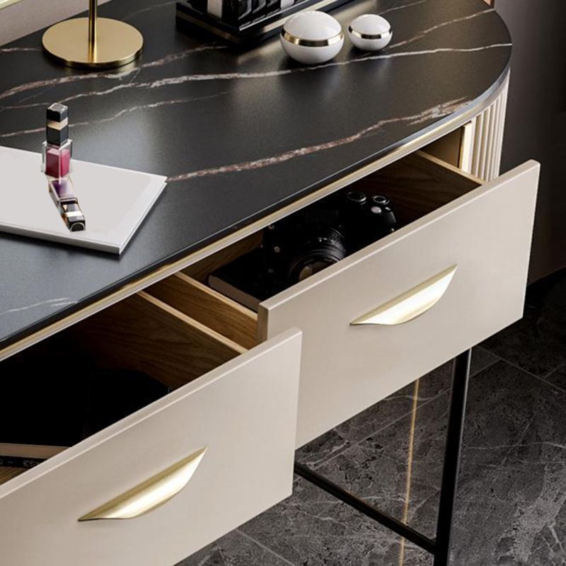 2 Storage Drawers Dresser with Mirror & Padded Stool Contemporary Stone Top Vanity