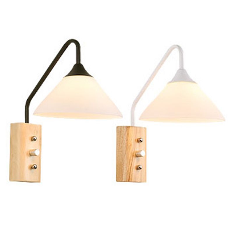 11.8" H Glass Cone Shade Simplicity Wooden Wall Lamp Metal Gooseneck Arm 1-Light Sconce Lights with Independent Switch