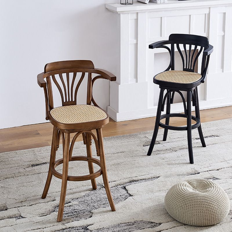 Modern Rattan Armed Stool Low Back Wood Stool with Swivel for Restaurant