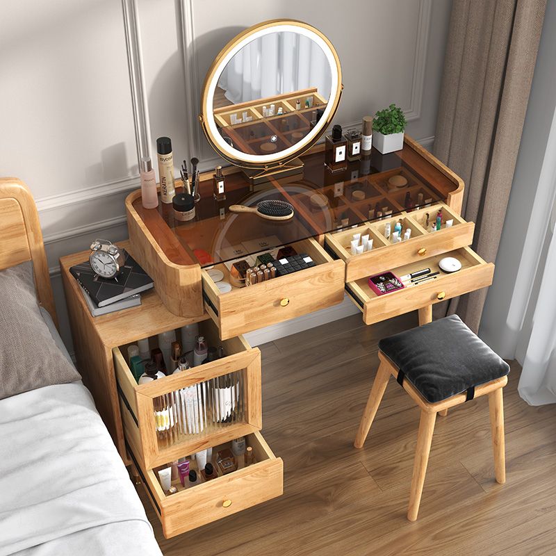 Glass Vanity Table Drawers Stool Vanity Set with Lights Mirror