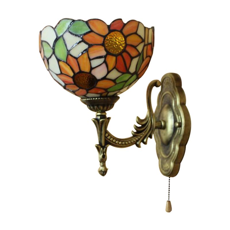 Stained Glass Sunflower Sconce Light 1 Light Rustic Tiffany Wall Lamp in Orange for Library