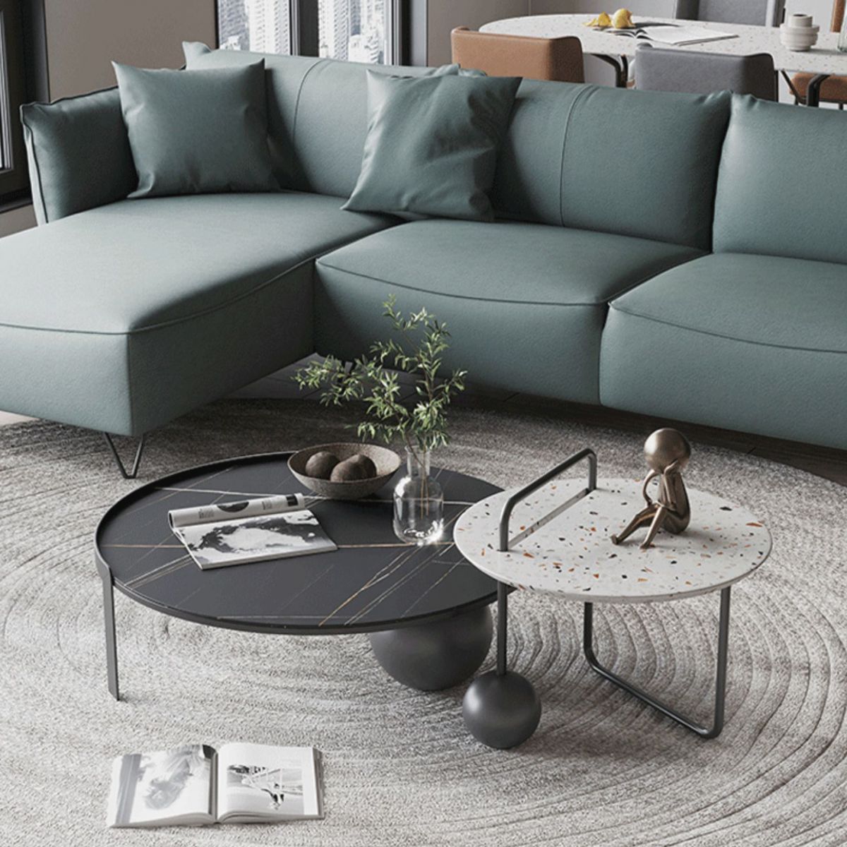 Round Stone Coffee Table Set Stainless Steel Simple Cocktail Table