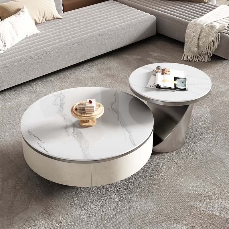 Slate Glam Coffee Table Round Nesting Coffee Table Set with Drawer