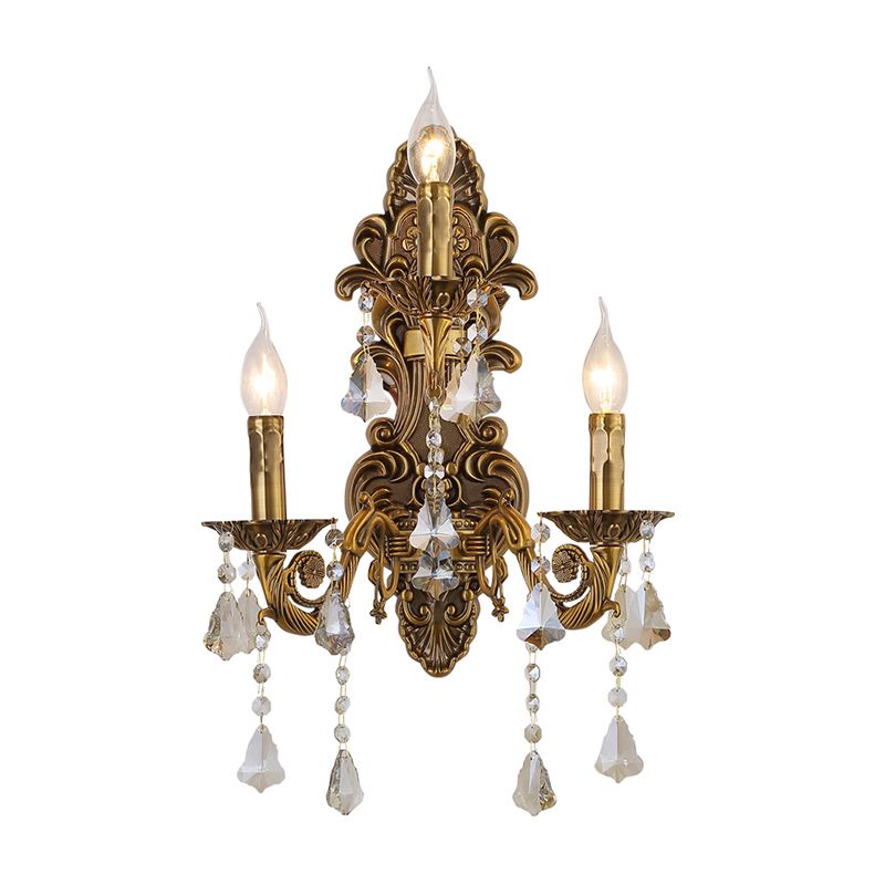 3 Heads Candle Wall Light Fixture Vintage Brass Metal Sconce Light with Crystal Drip Accent