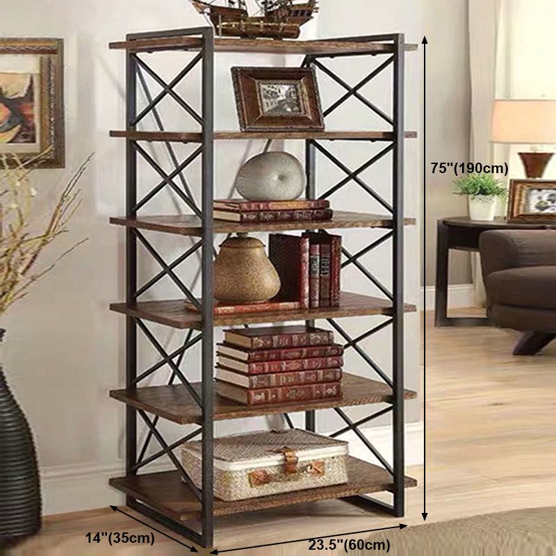 Industrial Open Etagere Bookshelf with Black Iron Frame Solid Wood Shelf