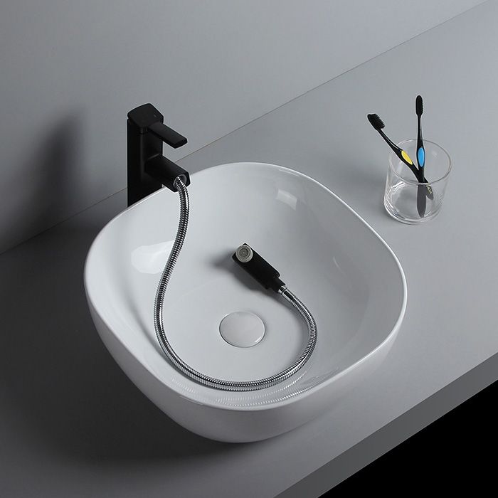 Modern Bathroom Sink Porcelain Solid Color Rectangular Vessel Sink with Pop-Up Drain