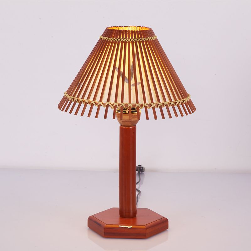 Lámpara de escritorio de bambú trompeta asiática, 1 bombilla, iluminación de trabajo roja y marrón con base de madera hexagonal